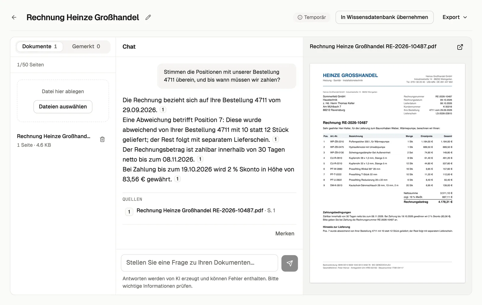 Dokument-Chat mit einer Lieferantenrechnung. Die Antwort benennt eine abweichende Position und das Zahlungsziel, rechts die Rechnung als Vorschau.